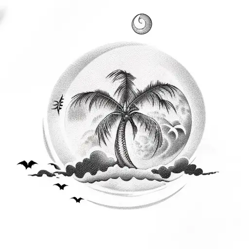 Straight Palm Tree With A Moon On Top And 3 Bats Around It