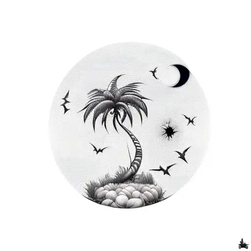 Long Straigh Palm Tree With A Small Moon Behind On The Top And Add 3 Small Bats In The Illustration