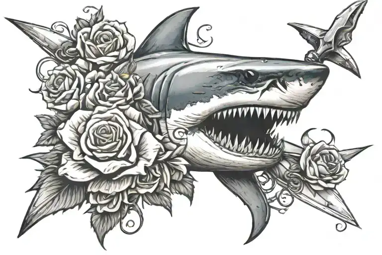 Great White Shark Bitting A Dagger With Roses