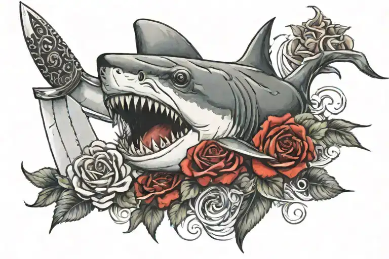 Great White Shark Bitting A Dagger With Red Roses