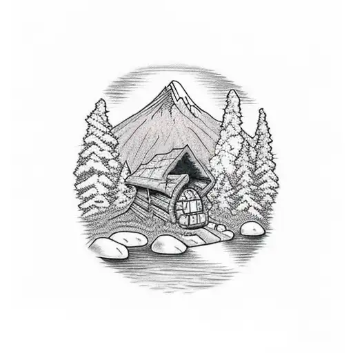 Cabin With Campfire In The Forest With Mountains In The Background