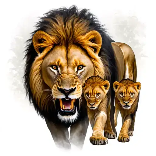 Angry Male Lion With 2 Cubs Walking Towards