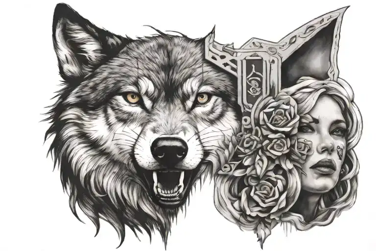Wolf Head And Tattooed Urban Girl Face