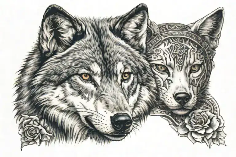 Wolf Head And Tattooed Urban Girl Face Made