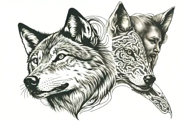 Wolf Head And Tattooed Urban Girl Face Made