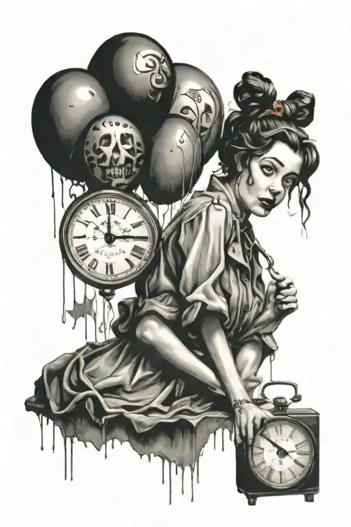 Bansky Girl Holding Balloon Floating And Dali Melting Clock