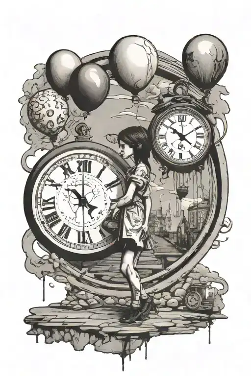 Bansky Girl With Balloon Floating And Dali Melting Clock Tattoo