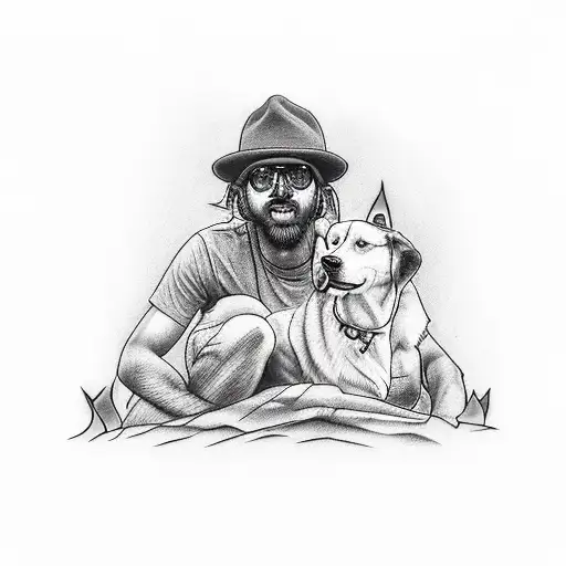 Man Sitting By Campfire With His Arm Around His Dog