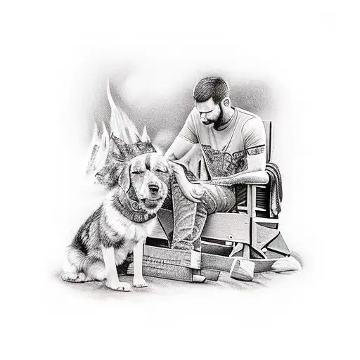 Man Sitting In An Adirondack Chair Facing A Campfire With His Arm Around His Dog