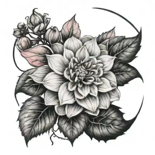 Dahlia And Cherry Blossoms And Black Ring Incorporating Elements
