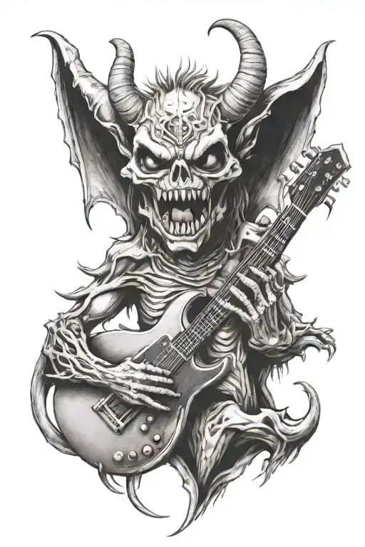A Death Metal Inspired Tattoo Featuring A Demonic Creature Playing A Guitar