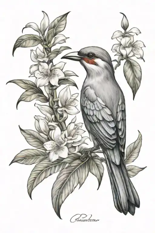 Small Bird Tattoo With Ecuador Amazon Rainforest Lots Of Tree And Tropical Flowers Scene