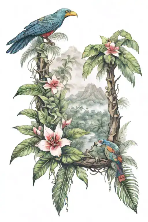 Small Botainical Tatoo With Ecuador Amazon Rainforest Lots Of Tree And Tropical Flowers Scene