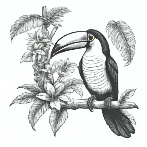 Small Toucan Tattoo With Ecuador Amazon Rainforest Scene Tree And Flowers