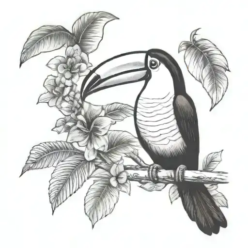 Small Toucan Tattoo With Ecuador Amazon Rainforest Tribal Scene Tree And Flowers