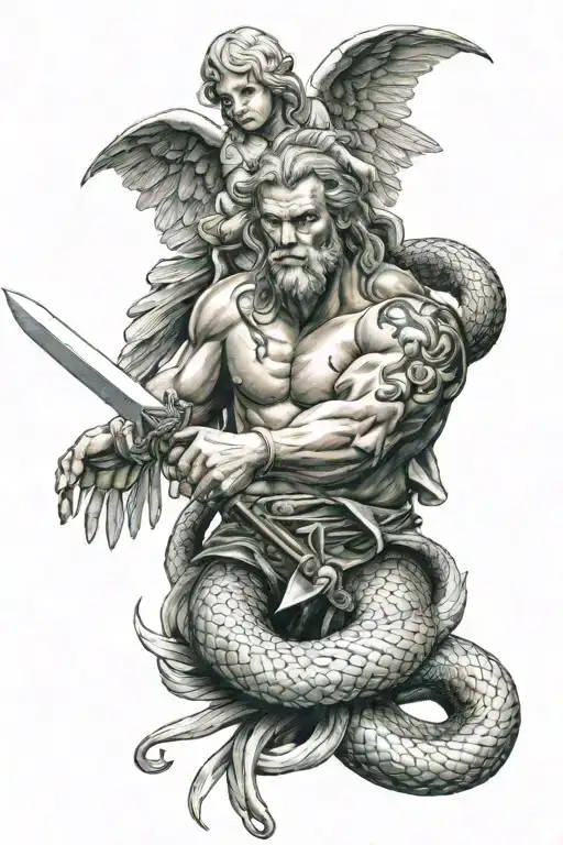 Angel Holding Sword Fighting Snake