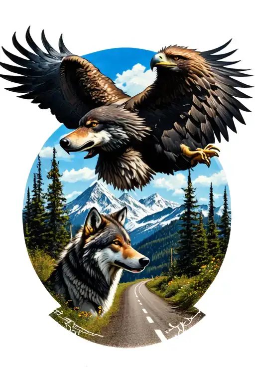 Road To Mountain With Wolf And Eagle Tattoo