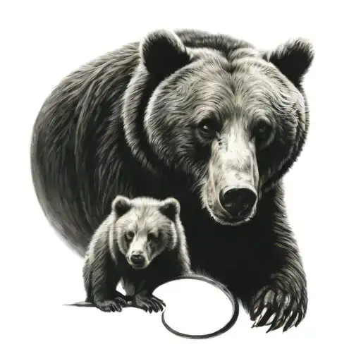 Bear Protecting Cub In Front Of A Crescent Moon Tattoo