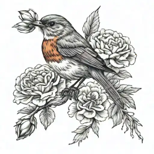 Robin Bird With Carnation Flowers