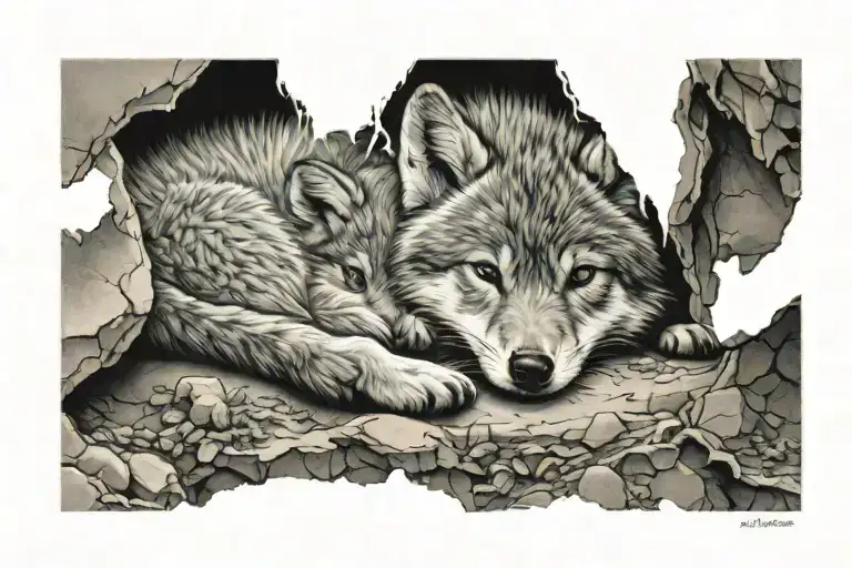A Sleeping Wolf Cub In A Cave On Left Pec