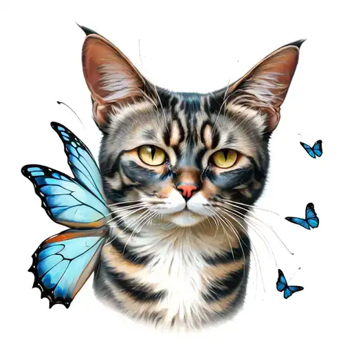 A Realism Tattoo Of A Portrait Of A Beloved Cat With Delicate Butterfly Wings Emerging From Its Back