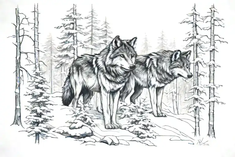 3 Wolfs In Forest Back