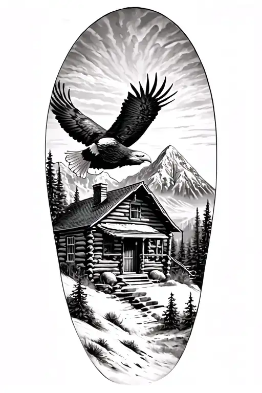 Log Cabin Up On A Mountain With A Bald Eagle Soaring In The Sky With A Acoustic Guitar