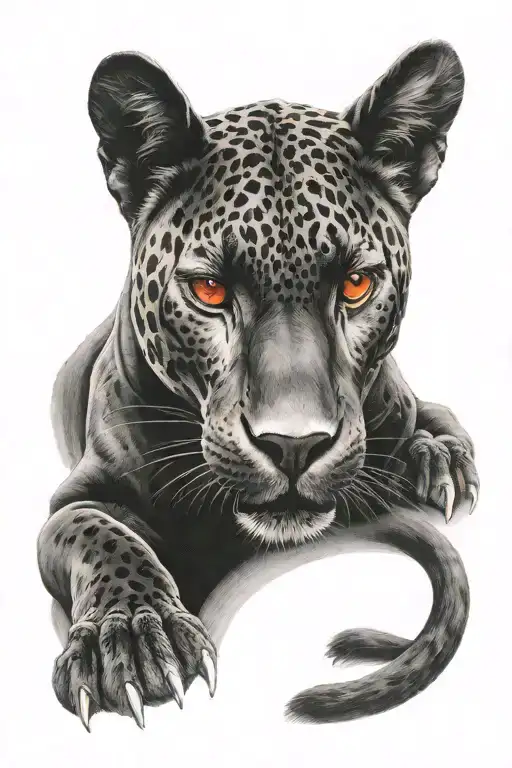 Black Jaguar With Red Eyes Looking Right Side Long Body Sitting Up