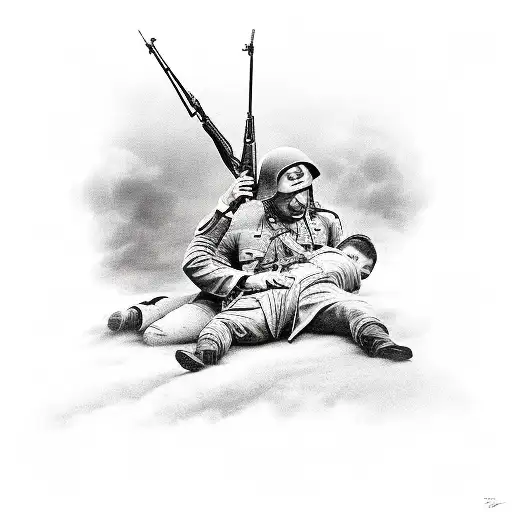 Polish Soldier From Ww2 Carry A Wounded Soldier And In The Background The Polish Eagle