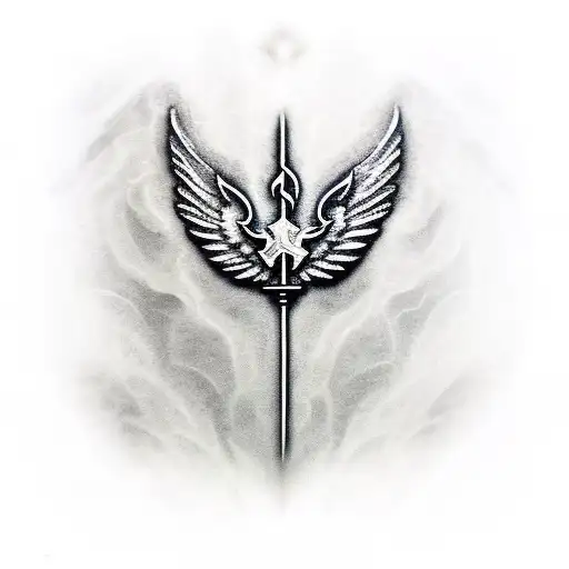 Close Up Of Marble An Archangel In A Burning Chapel With A Fleur De Lis In The Background