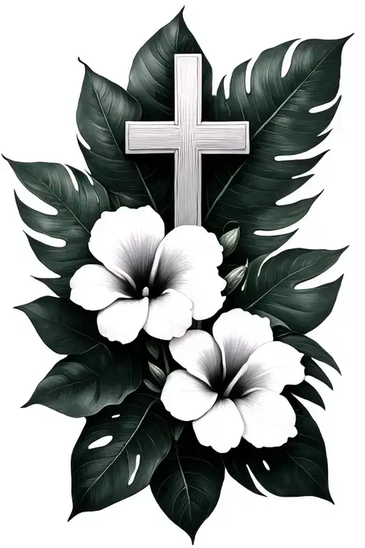 Fine Line Tattoo Thin Cross With 3 Hibiscus Flowers And Monstera Leaves Behind It