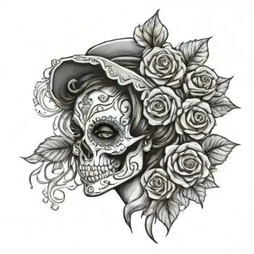 Half Skull Half Catrina Beautiful Girl With Roses