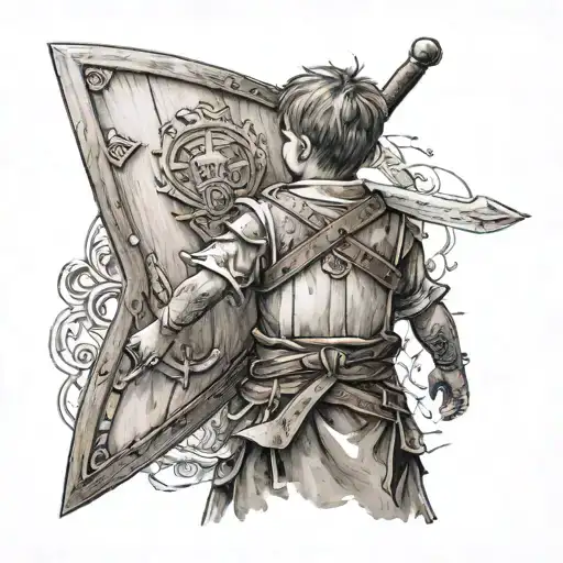 A View From The Back Of A Little Boy Holding In His Hand A Wooden Sword And A Wooden Shield