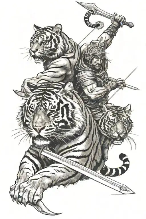 Tiger And Warrior Wielding A Sword