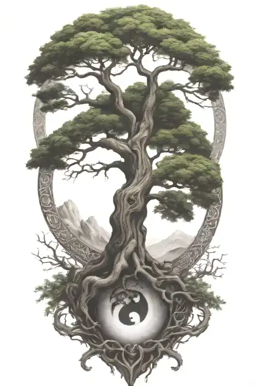Yggdrasil And Yin Yang Symbol Intertwined