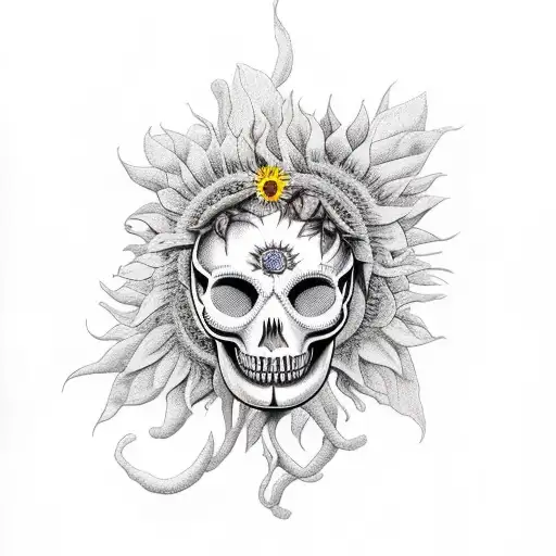 Medusa Holding A Skull Surrounded With Sunflowers