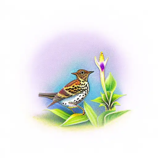 Song Thrush Bird With Purple Lilly In Mouth
