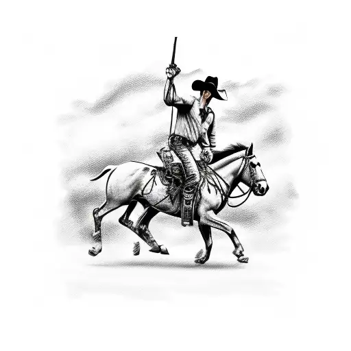 A Detailed Sketch Of A Cowboy Holding A Lever Action Rifle While Riding A Bucking Bronco