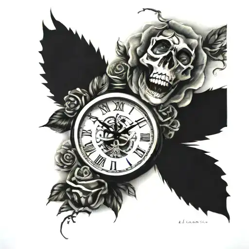Clock With Skull And Roses