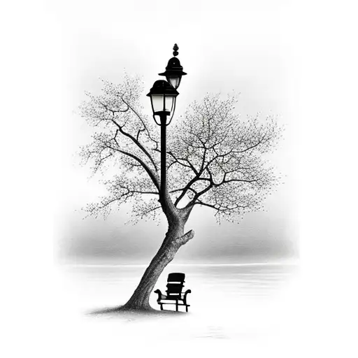 Park Bench With Lamppost Overlooking Water