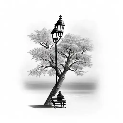 Park Bench With Lamppost Woman Sitting On Bench With Four Kids