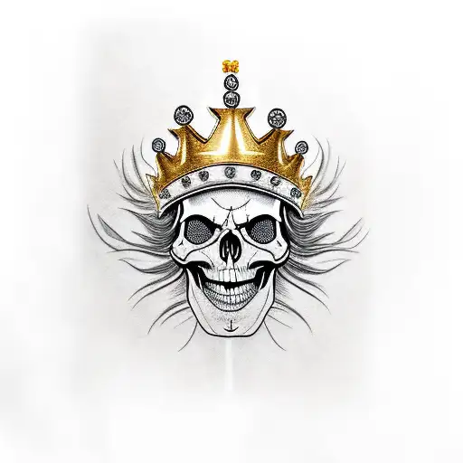 Realistic Smiling Skull With Angry Eyes And A Golden Crown Which Is Tilted Right On Its Head