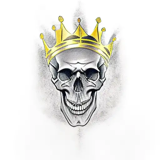 Smiling Skull With Angry Eyes And A Golden Crown Which Is Tilted Right On Its Head