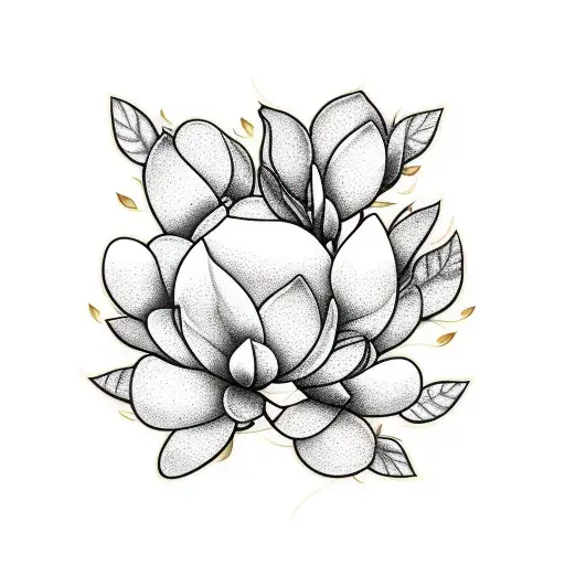 Branch Of A Magnolia Tree With Leaves And Blossoms In Golden Ratio