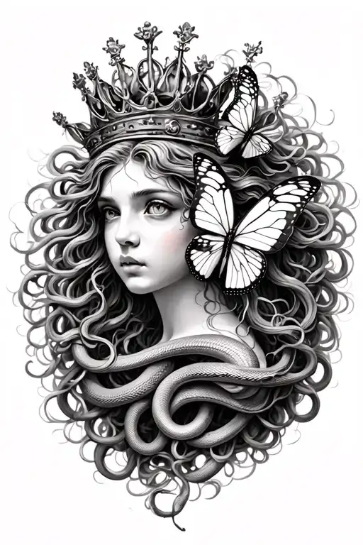 Medusa With A Crown Made With 3 Butterflies And Snakes