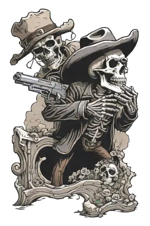 Skeleton With A Revolver And Cowboy Hat Climbing Out Of A Grave