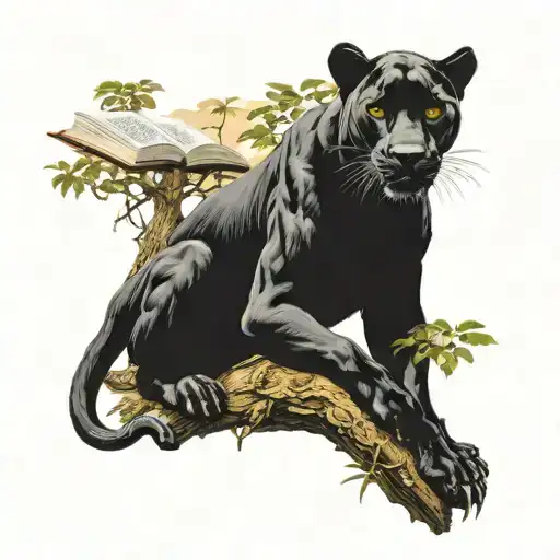 A Majestic Black Panther Lying In A Large Savanna Tree With A Book Hanging From The Branches Nearby