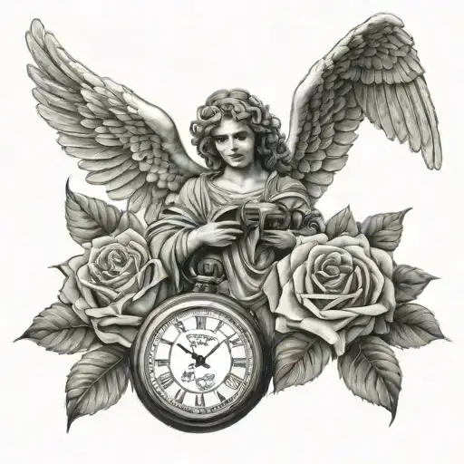 Guardian Angel Holding 2 Identical Pocket Watches Surrounded Bij Roses