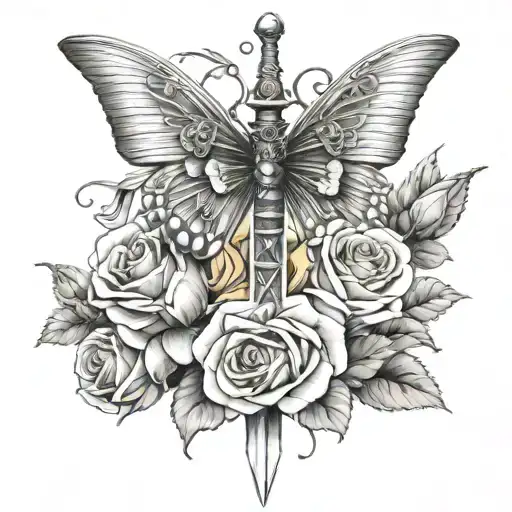 Sword With Roses Around It And One Small Butterfly