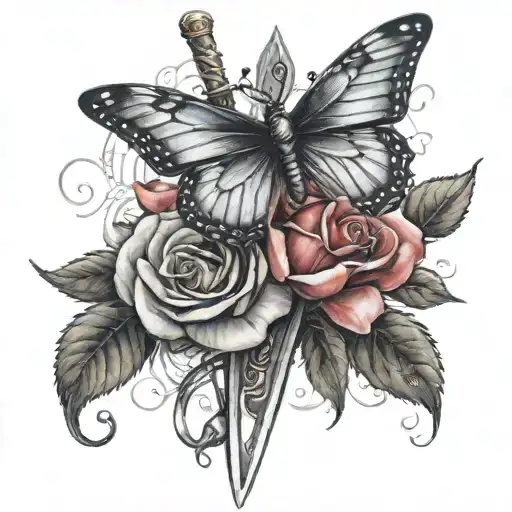 Sword With Roses Around It And One Small Butterfly On A Rose
